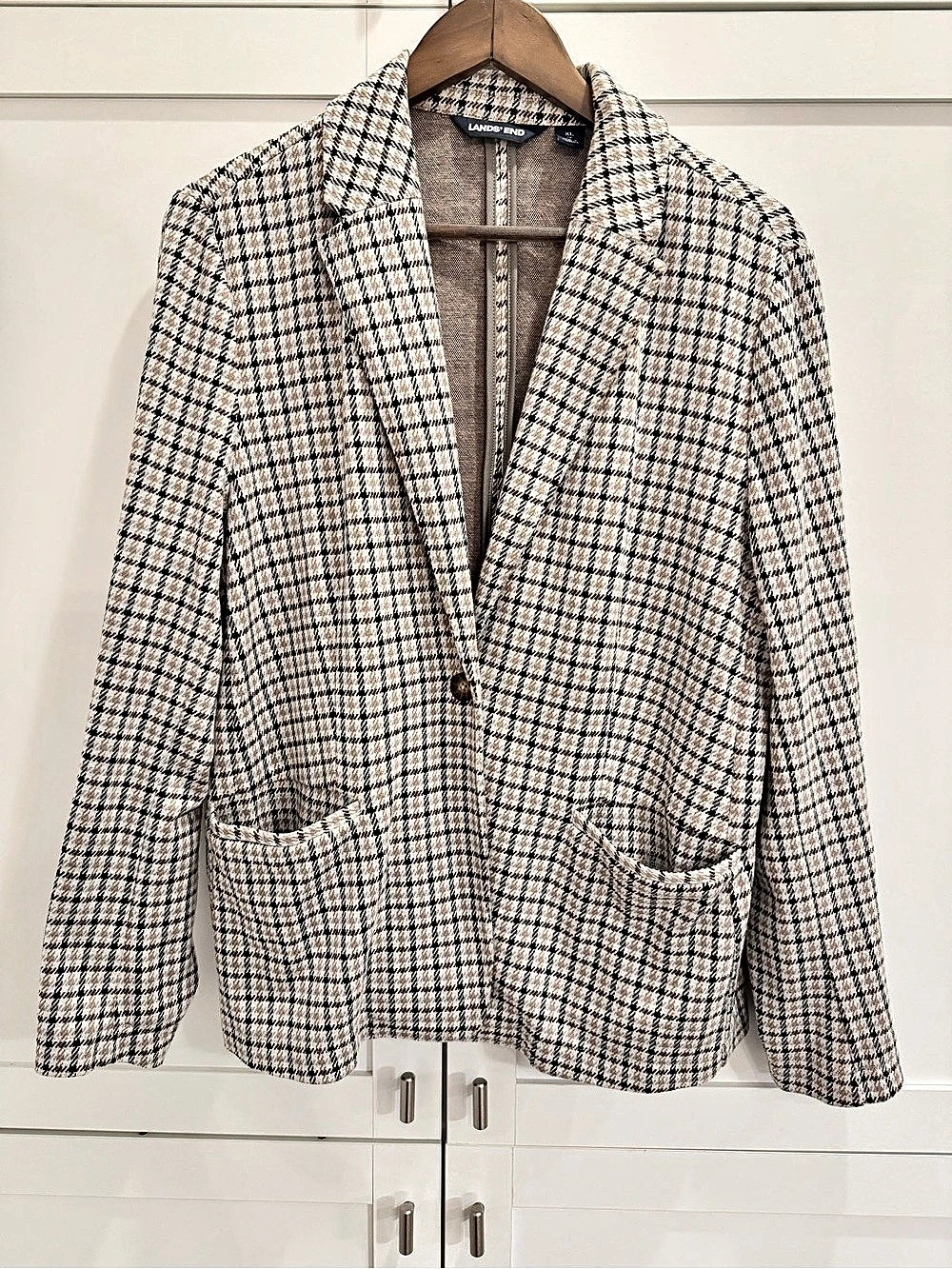 Lands’ End Women’s XL 18 Houndstooth Plaid Knit Blazer Tan Brown Black